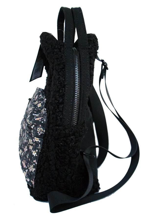 Art Class Mini Backpack Black Fleece & Fabric Floral Pocket Girls School Bag NEW