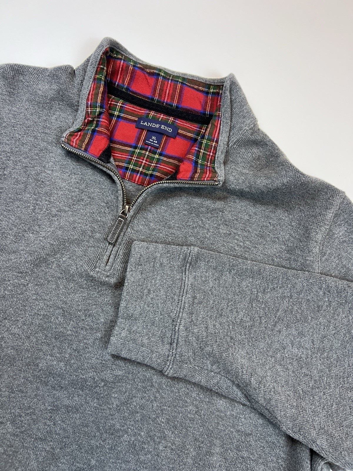 Mens Lands End XL 46-48 Gray 1/4 zip pullover sweater 100% baumwolle/cotton
