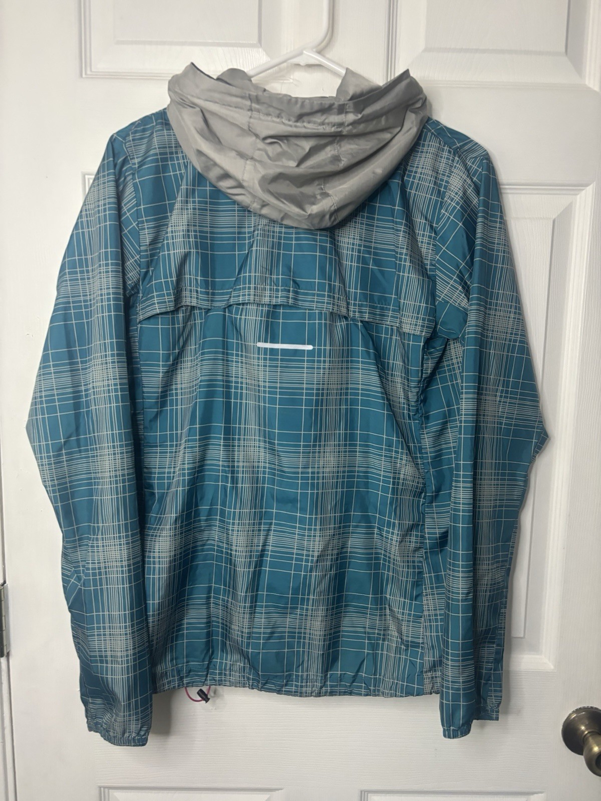 NIKE Plaid Phenom Vapor Hooded Windbreaker Running Jacket Blue Women Sz Medium