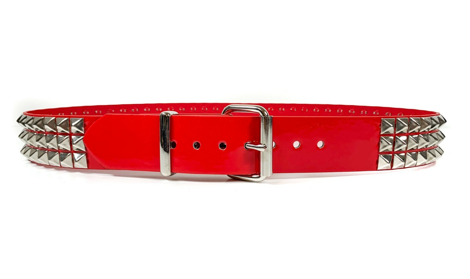 Red Patent Three Row Pyramid Stud Belt Genuine Punk Goth Metal Funk Plus