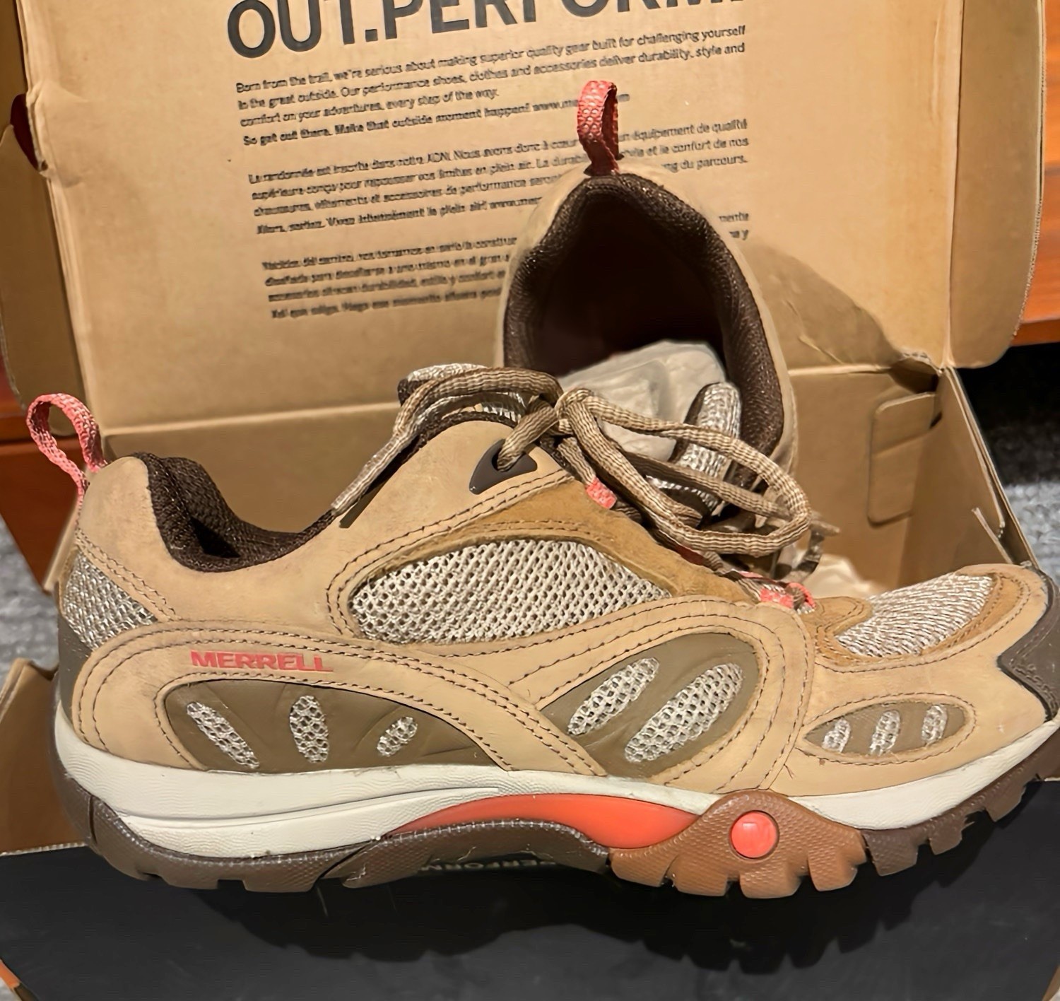 Merrell Azura Hiking Shoes Womens Size 7 Tan /Coral