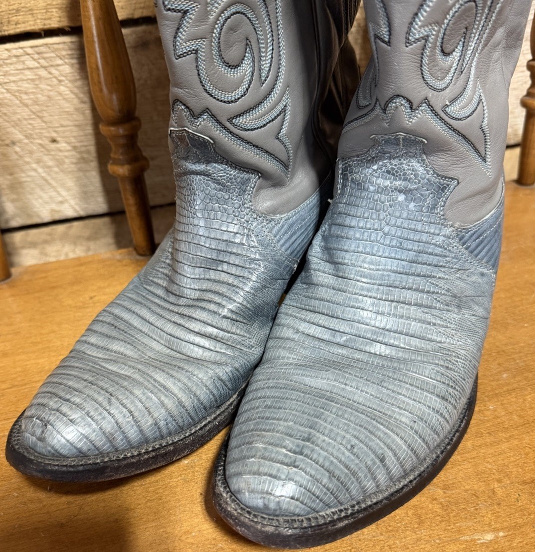 Vintage Justin Men Size 7 D Gray/Blue Teju Lizard Skin Cowboy Western Boots