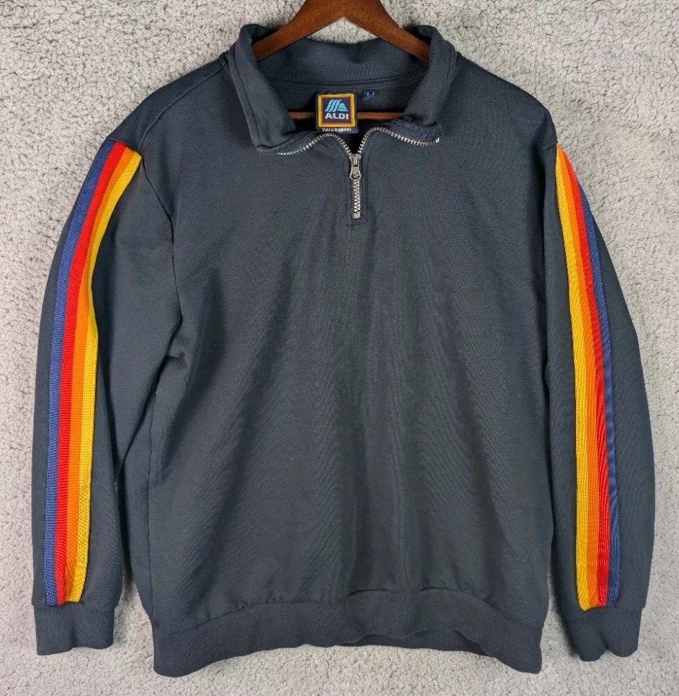 ALDI Pullover 1/4 Zip Large Mock Neck Logo Rainbow Long Sleeve