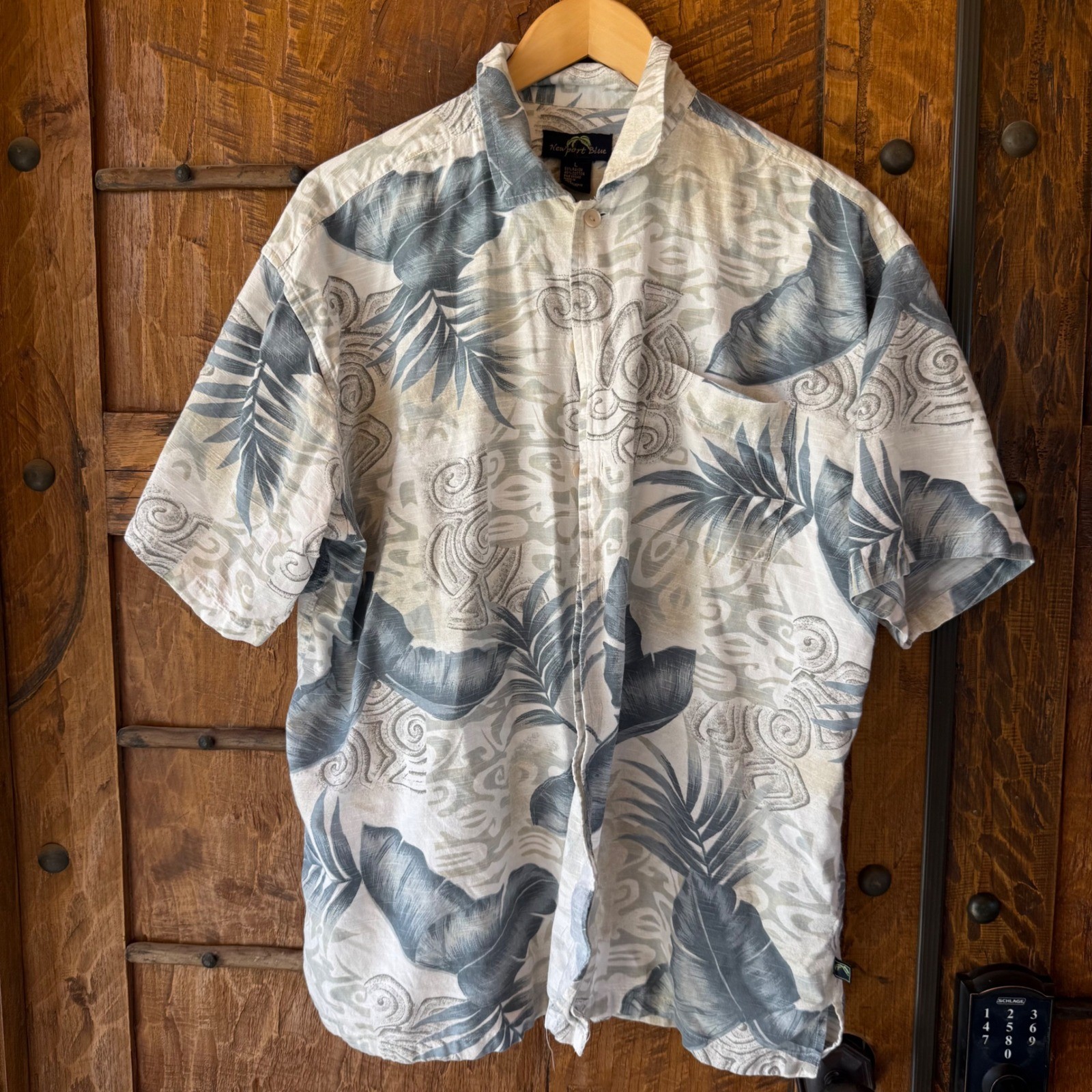 Newport Blue Mens Lg Tropical Leaf Tribal Print Rayon Cotton Button Down Shirt