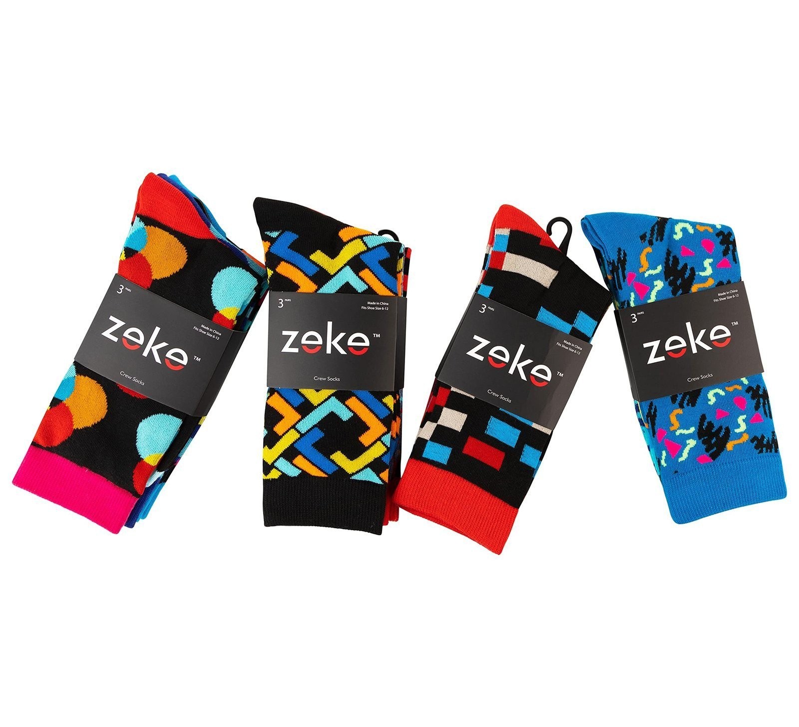 ZEKE Men’s Dress Socks Funky Fun Colorful Crew Socks 12 Assorted Patterns