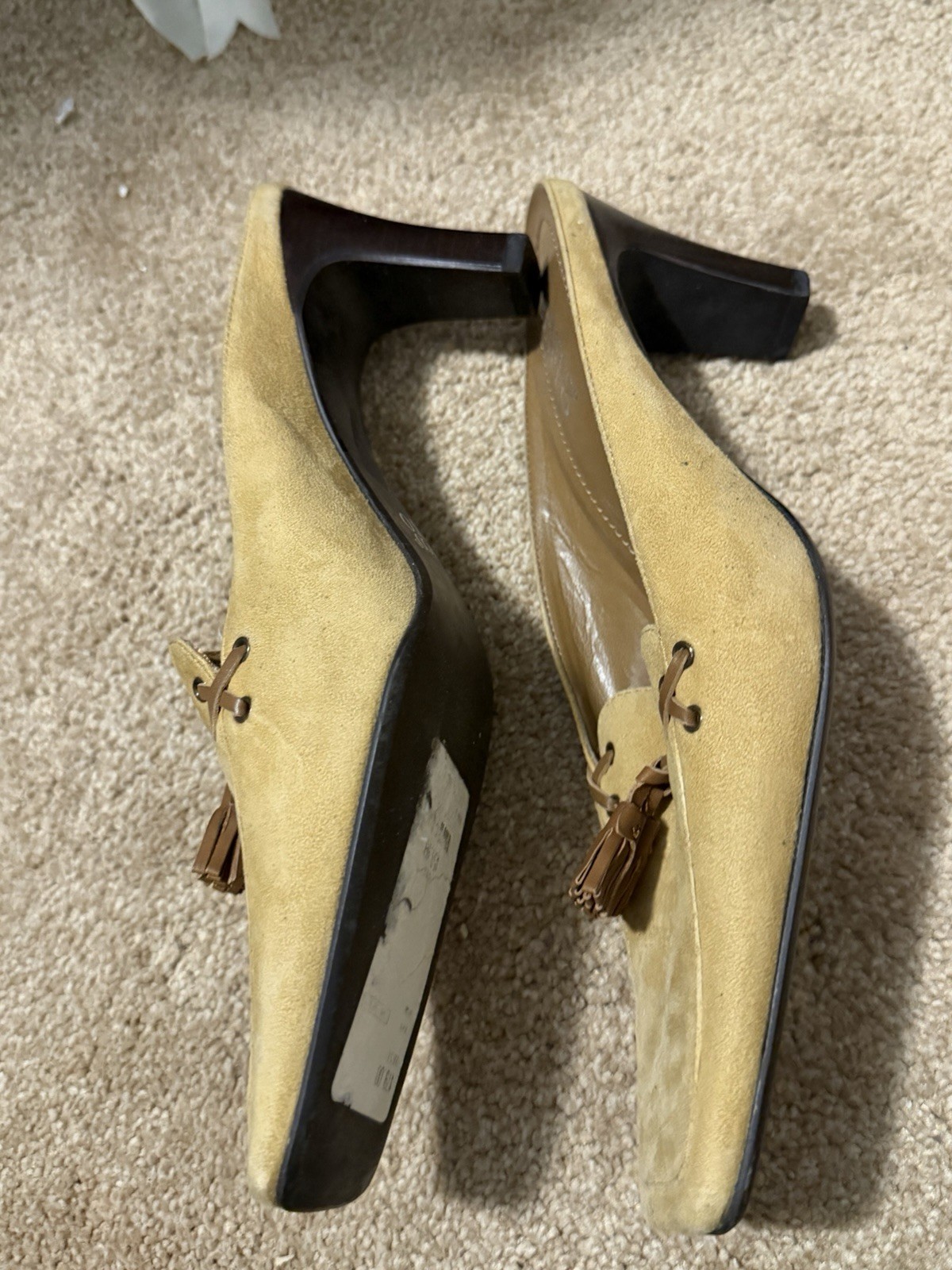 Franco Sarto Suede Tassel Loafer Heels Slip On Square Toe Beige 8M