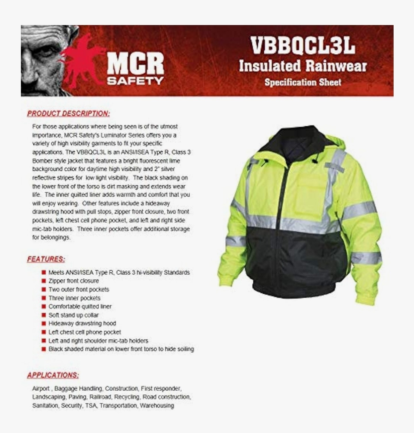MCR Safety – Bomber Jacket Ansi 107 Class 3 Fluorescent Lime/(VBBQCL3LL) Size-LG