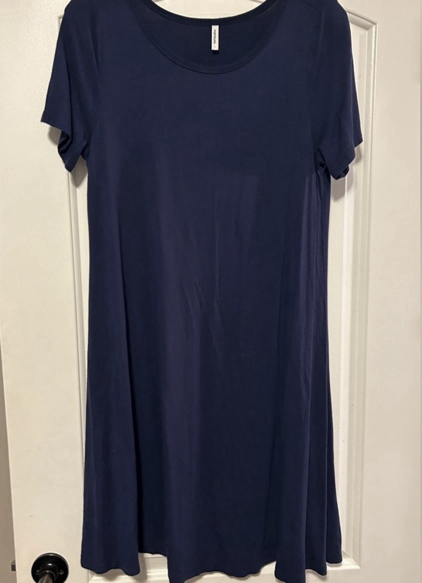 POPYOUNG Blue Solid Short Sleeve Round Neck Knee-Length T-Shirt Dress – L