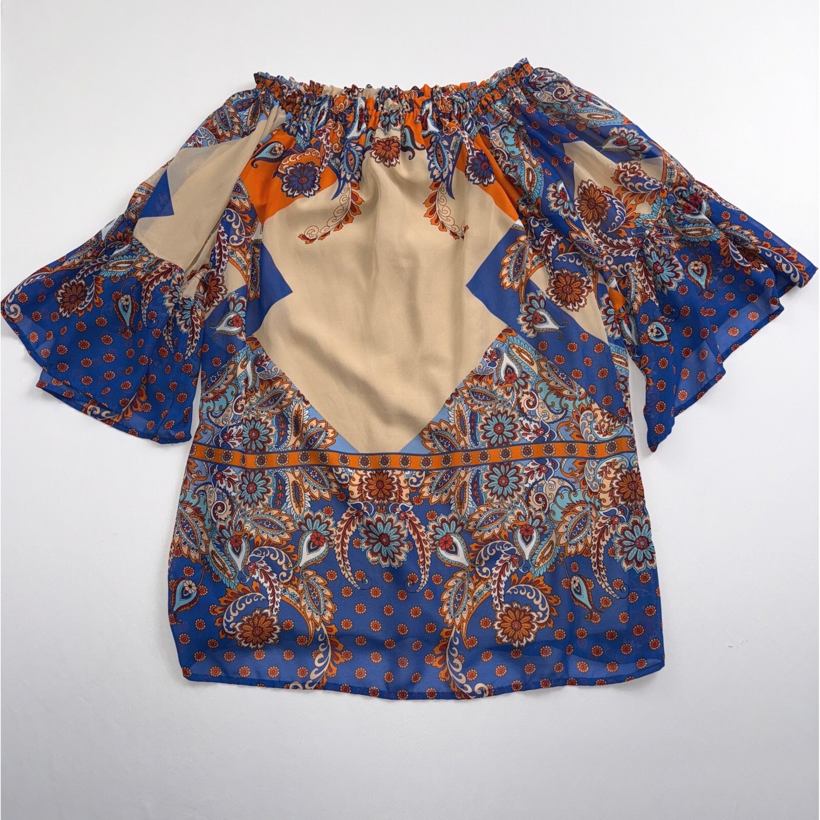Black Bead USA Off Shoulder Top Paisley Print Bell Sleeve Blouse Small