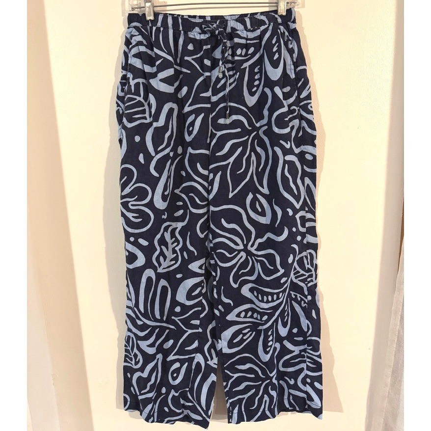 Cynthia Rowley Blue Abstract 100% Linen Wide Leg Pants S resortwear coastal boho