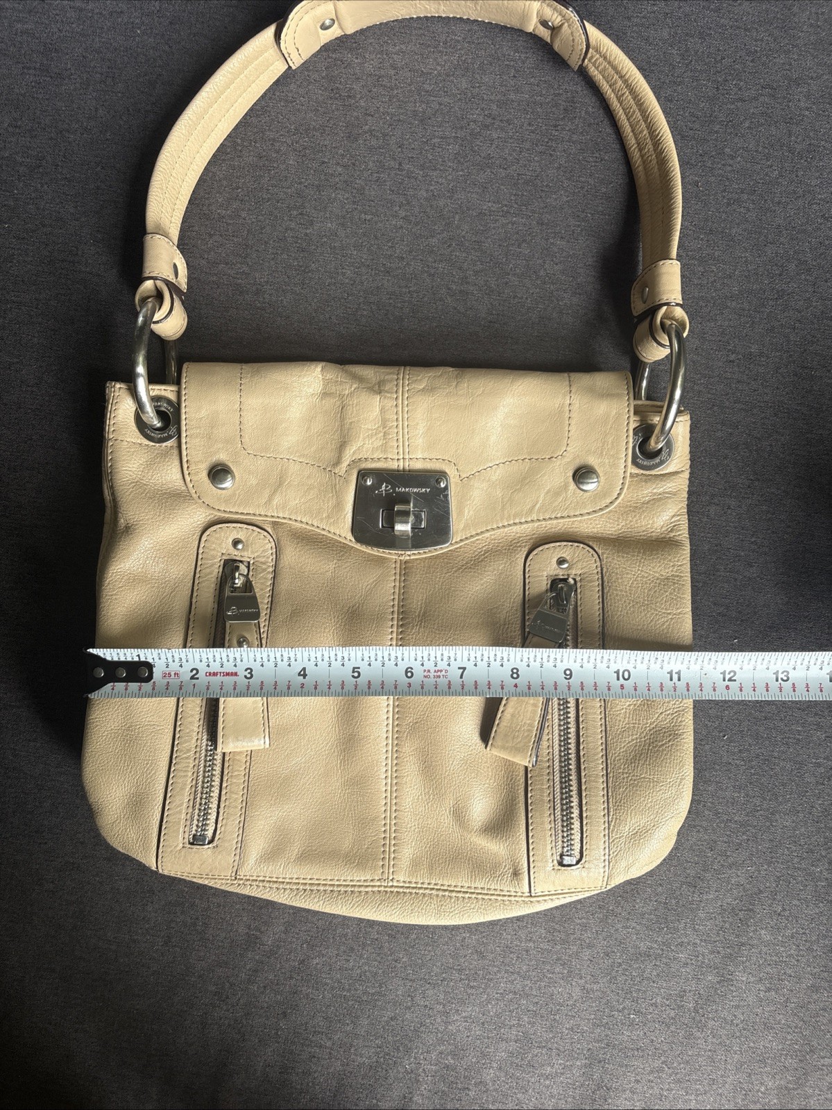 B. Makowsky Small Tan Leather Shoulder Bag Purse with Padded Single Strap