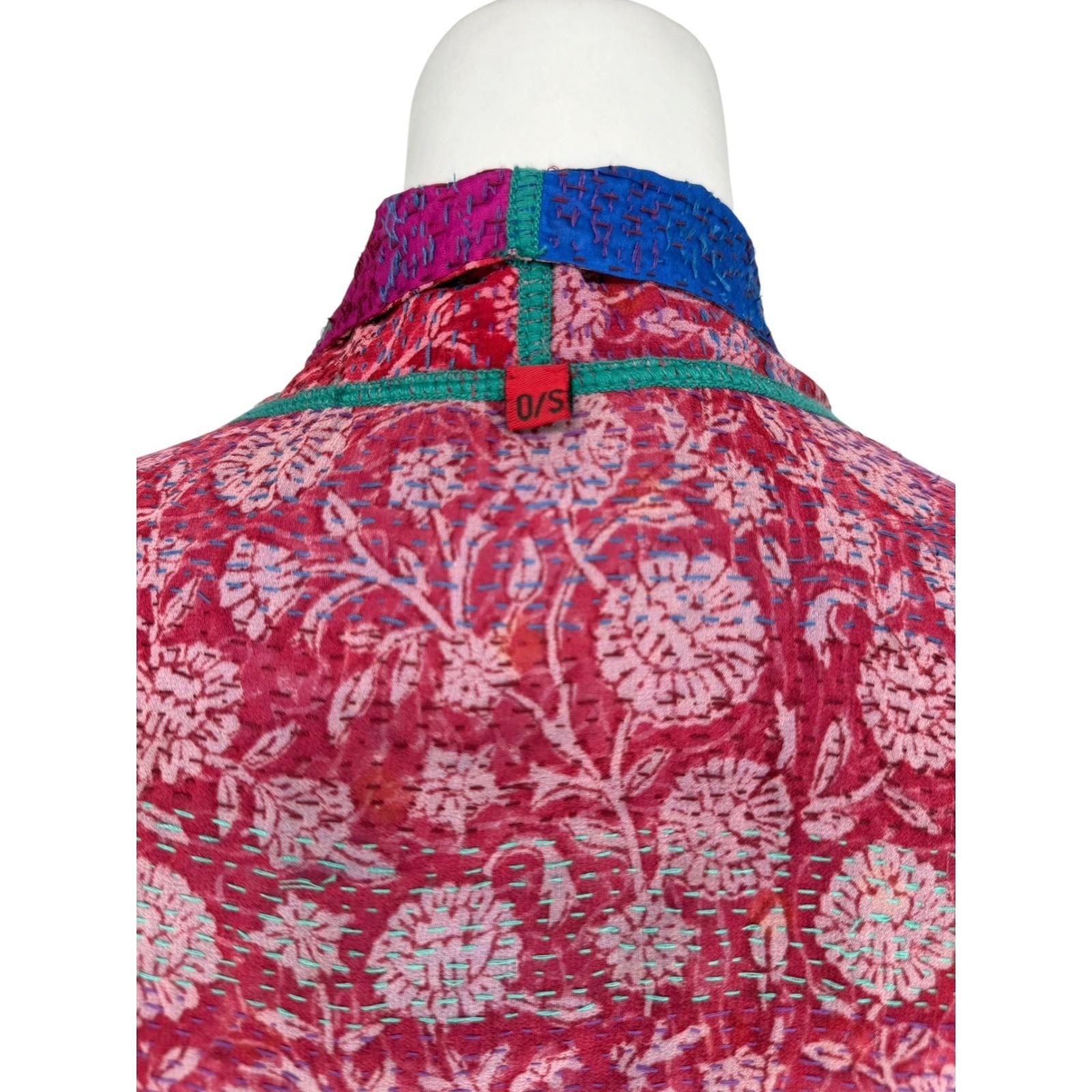 Mieko Mintz Reversible 100% Silk Kantha Jacket Red Blue Floral Bandhani OS India