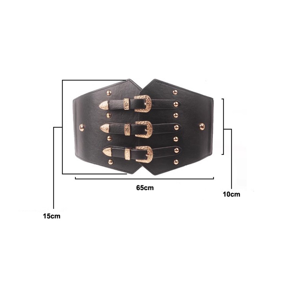 Women Black Wide Faux Leather Belt Elastic Stretch Corset Punk Rivet Waistband