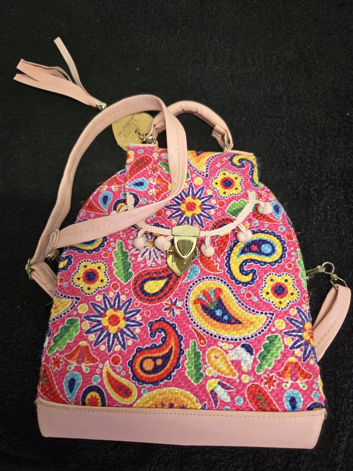 Women’s Small Pink Backpack Boho Ethnic Paisly Floral Embroidered Artisinal Bag