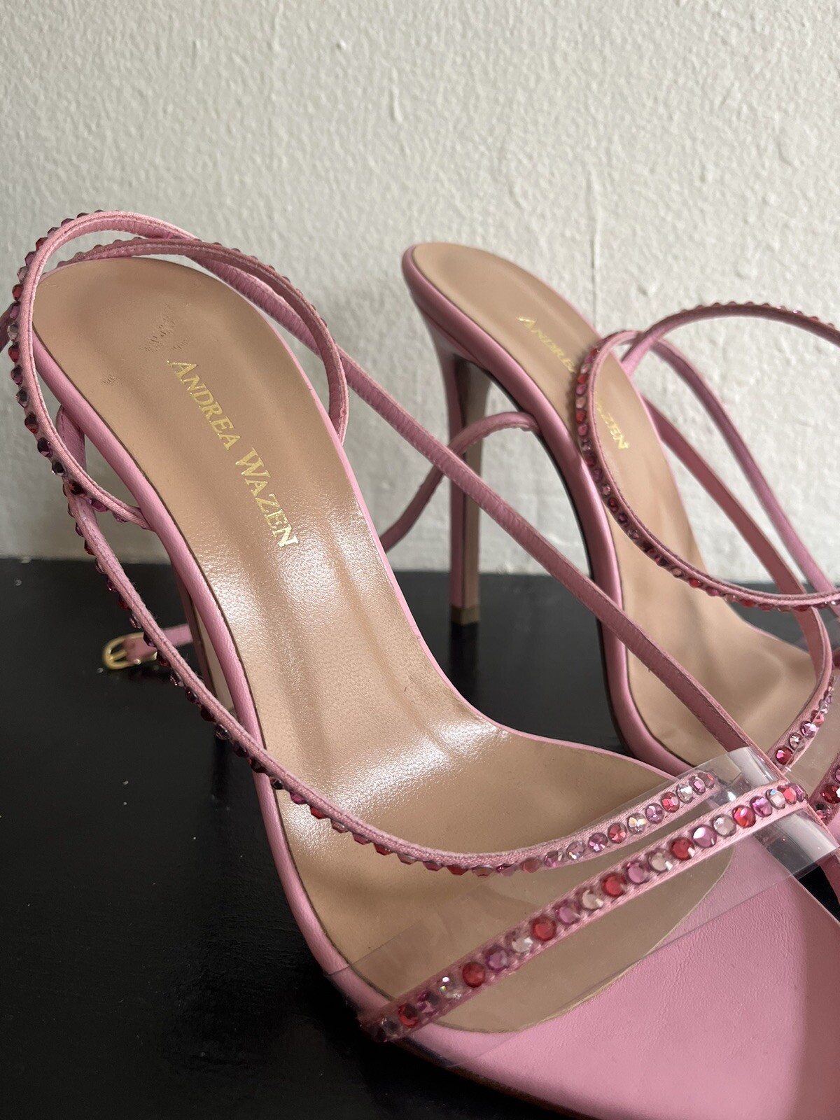 Andrea Wazen Dassy Crystal Pink Leather Heeled Satin Sandals Size 39