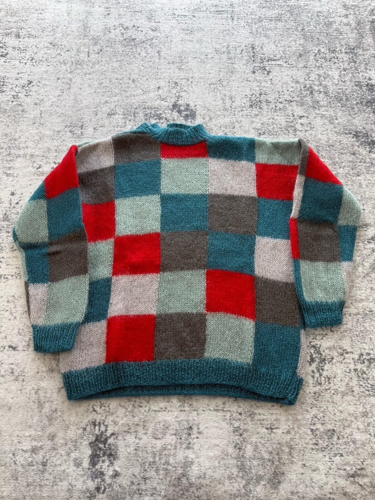 Hand knitted Jumper Womens 14 Blue Block Colour Funky Fuzzy Retro Cozy