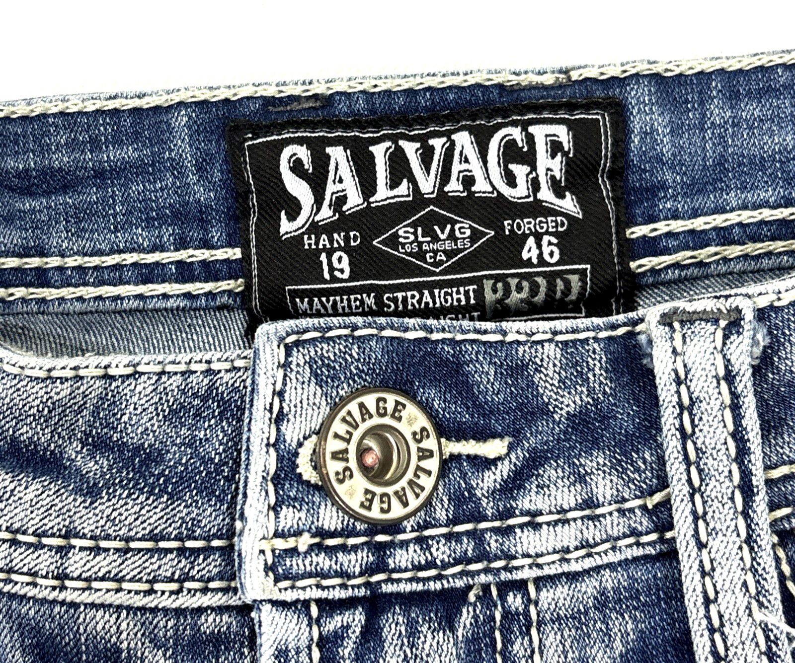 Salvage Buckle Mayhem Jeans Mens 33R Straight Fit Light Wash Whiskered Denim EUC