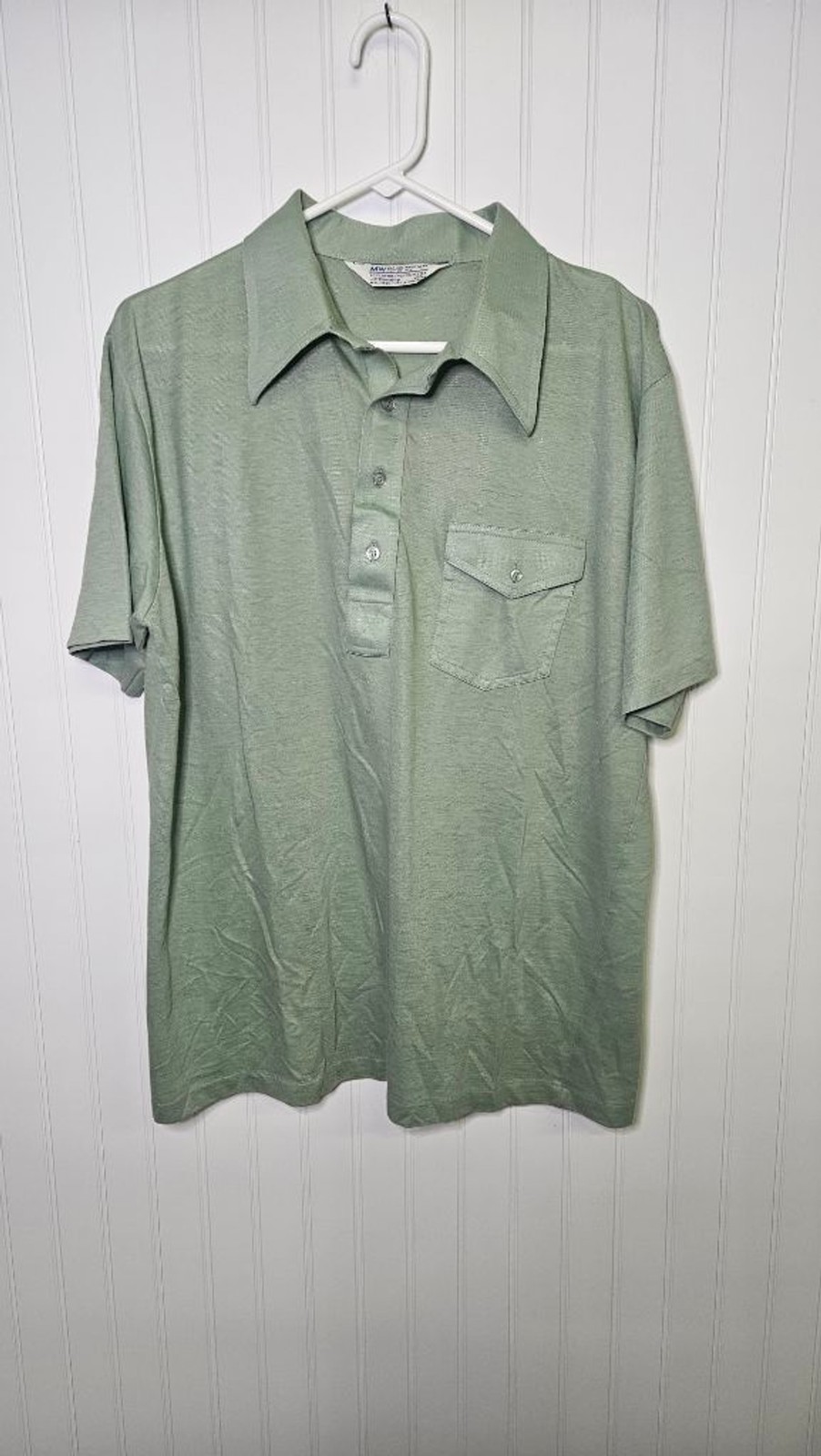 Vintage JCPenney MW Polo Shirt XL Sage Green Flap Pocket 70s 80s Made Singapore