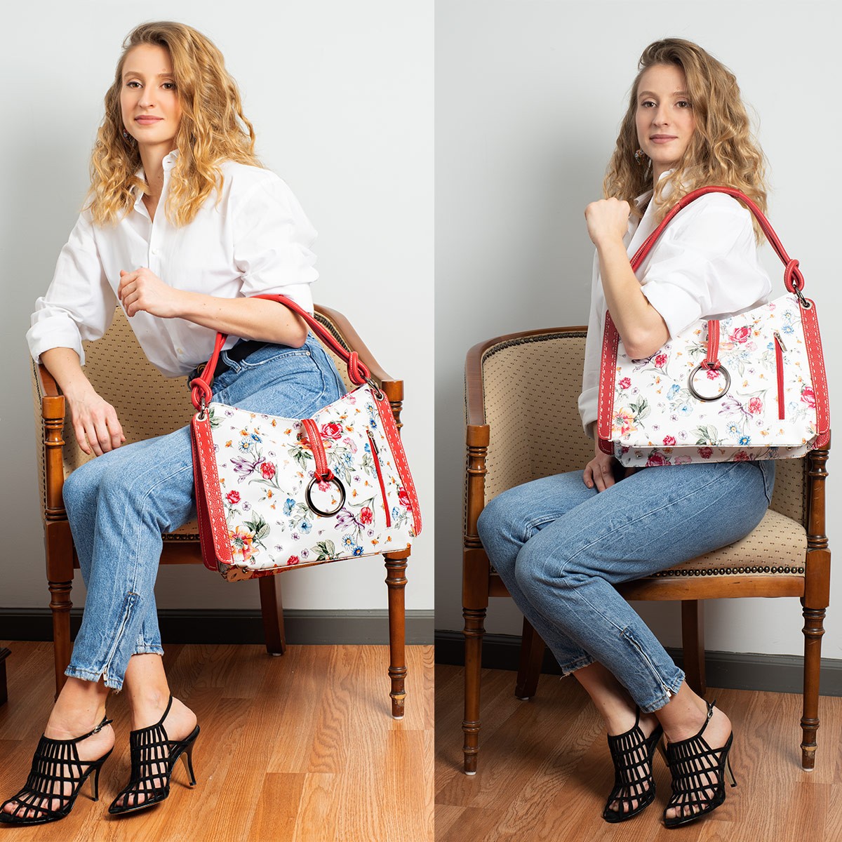 Fioretta Italian Genuine Leather Flower Pattern Zippered Top Tote Shoulder Bag H