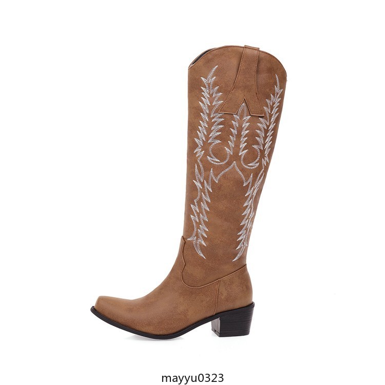 Womens Embossed Zip Mid Block Heel Cowgirl Mid Calf Knee High Boots Western PLus