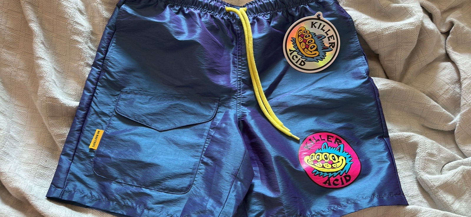 Killer Acid Cat Hologram Board Shorts Mens Size S No Bad Trips Blue NWT