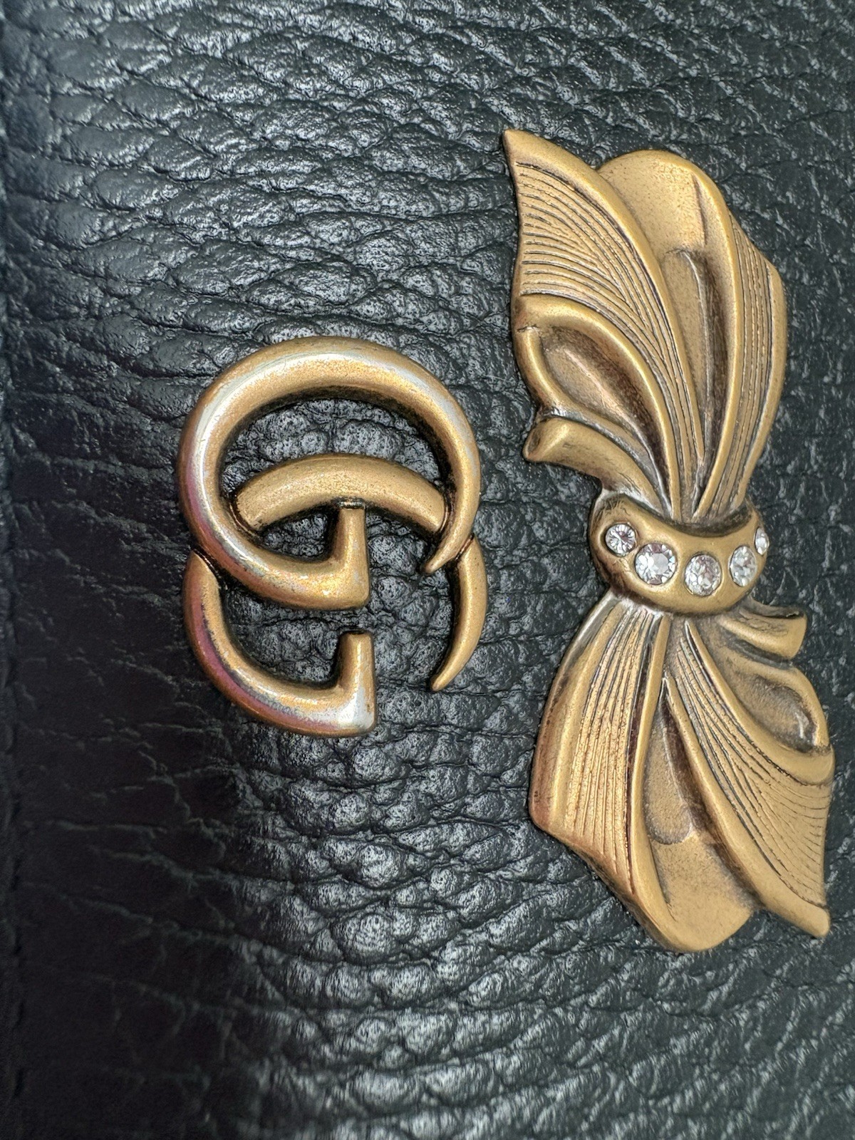 Gucci Marmont Bow Black Leather Clutch Wallet On Chain Gold GG Crossbody Bag