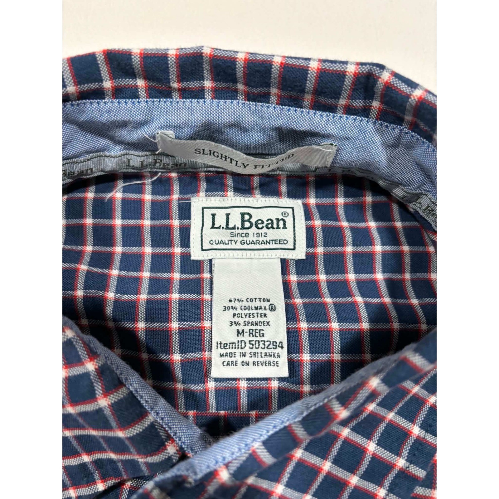 LL Bean Mens Slightly Fitted CoolMax Stretch Grid Check Shirt Navy Red M-REG