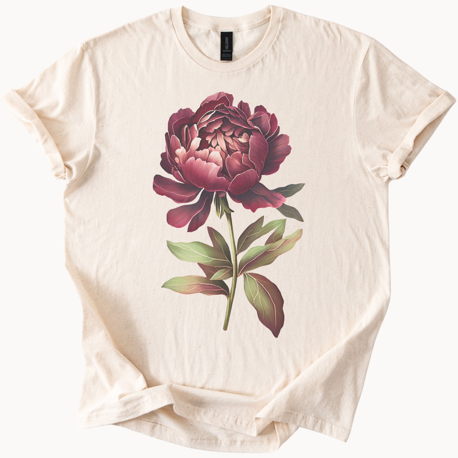 Burgundy Peony Flower Graphic Tee Botanical Art Cream Shirt Floral Design