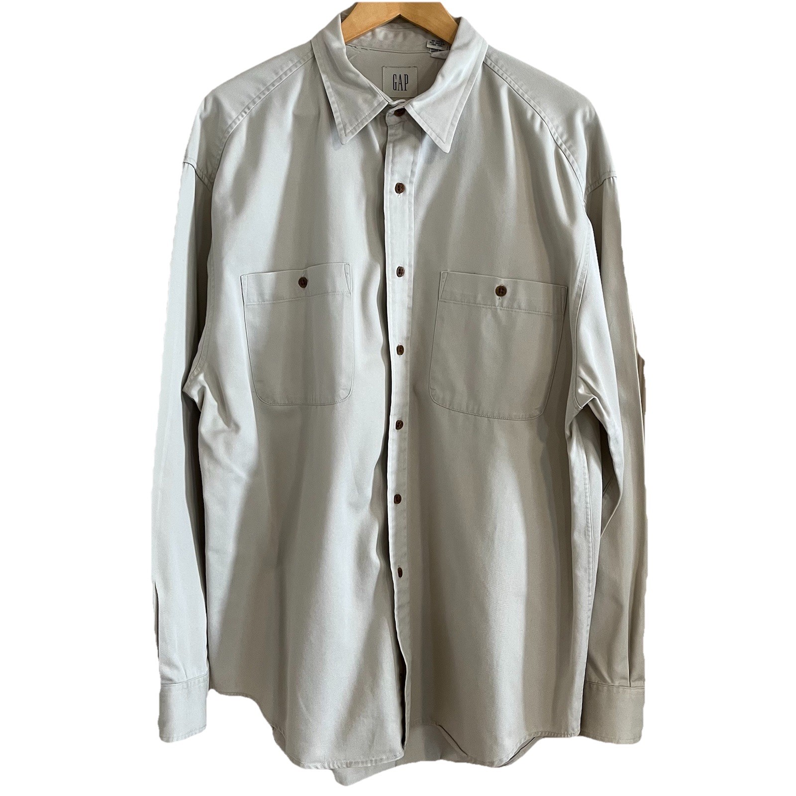 Vintage Gap Light Khaki Button Up Shirt Men’s L Utility Pockets Casual Workwear