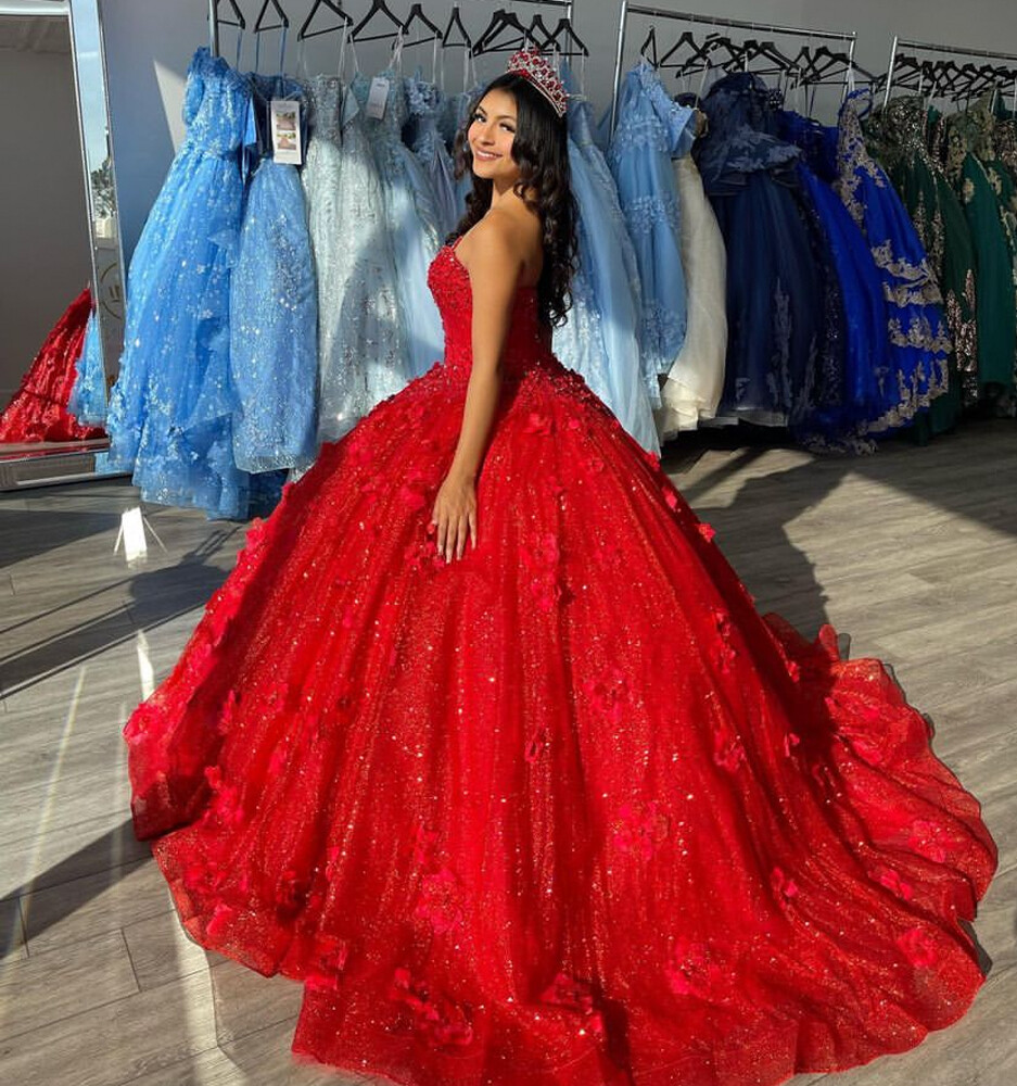 Red Princess Quinceanera Dresses Glitter Sequins 3D Flowers Ball Gowns Sweet 15