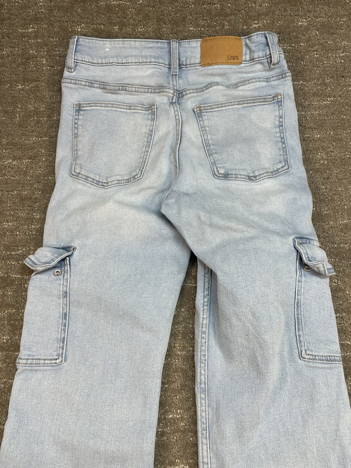 Zara Size 13–14 Cm 164 Adjustable Waist Cargo Jeans Light Wash Raw Hem