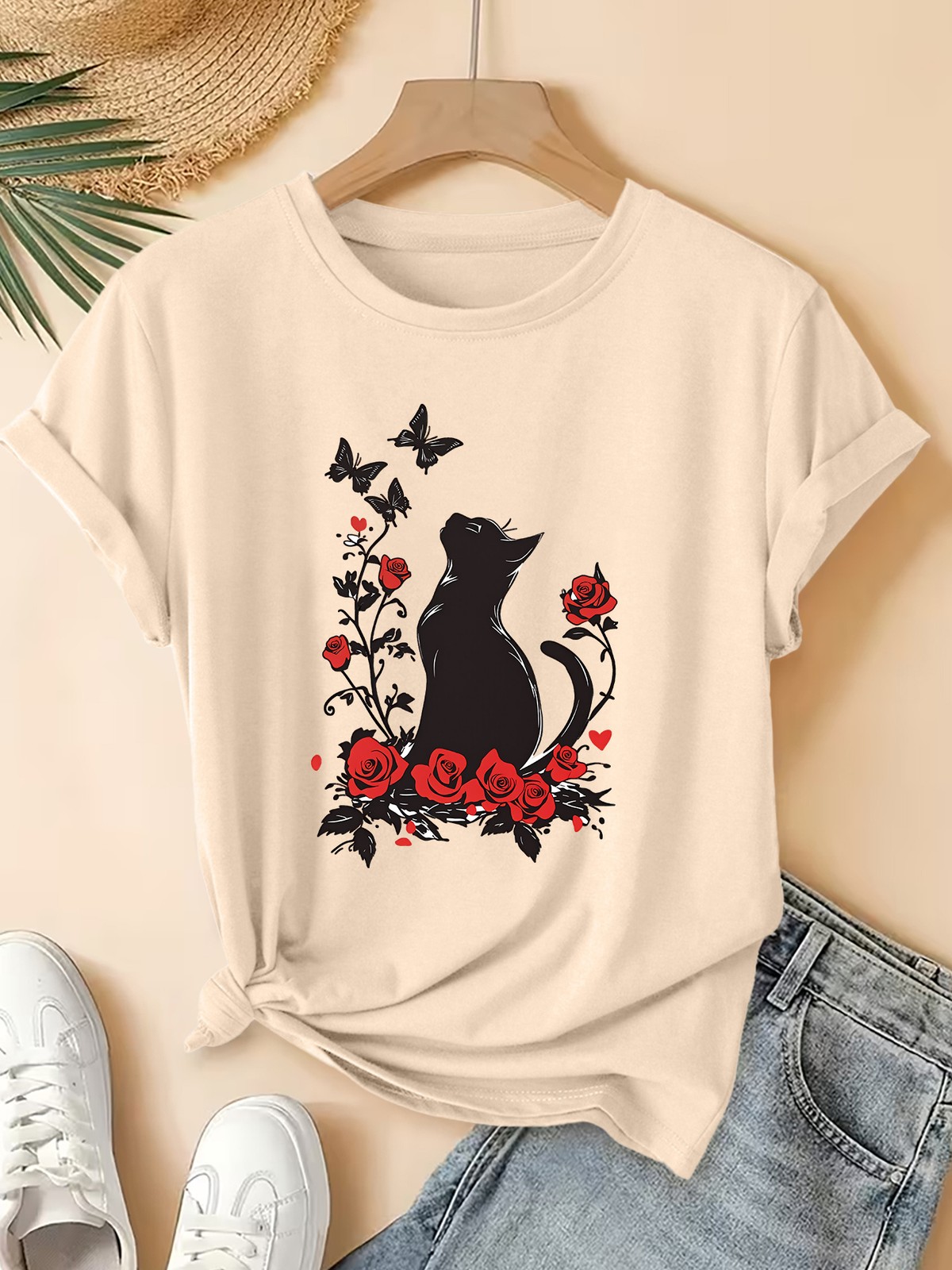Summer Women’S Round Neck Short Sleeve T-Shirt Cat Butterfly Print Casual Top▧