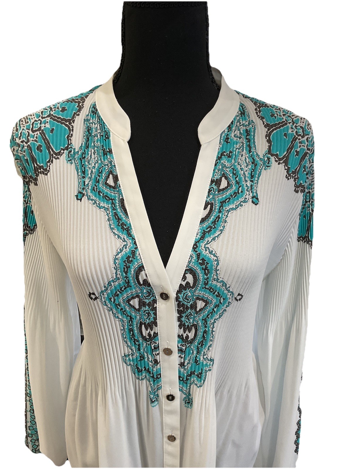 Alfani Petite Turquoise And White Tunic Buttons Small Pull NWT SZ 14 P LONG SLVS