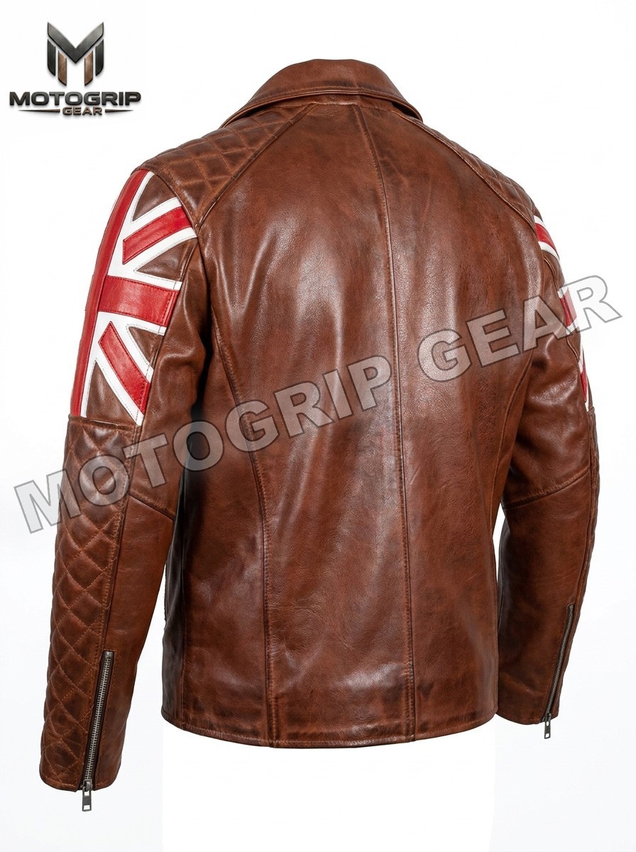 Men’s Biker Cafe Racer Motorcycle UK Flag Patch Vintage Distressed Black Leather