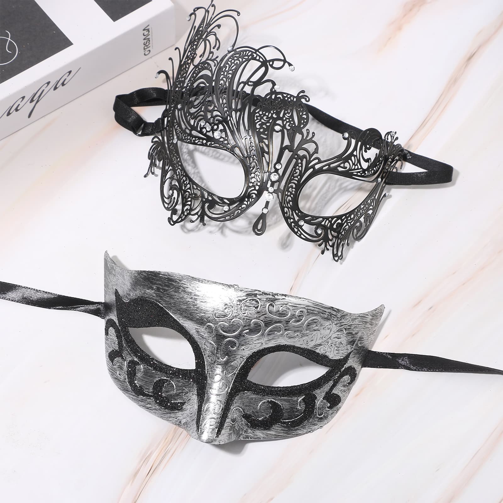2Pcs Couple Carnival Masquerade Mask Set Metallic Festival Party Halloween Masks