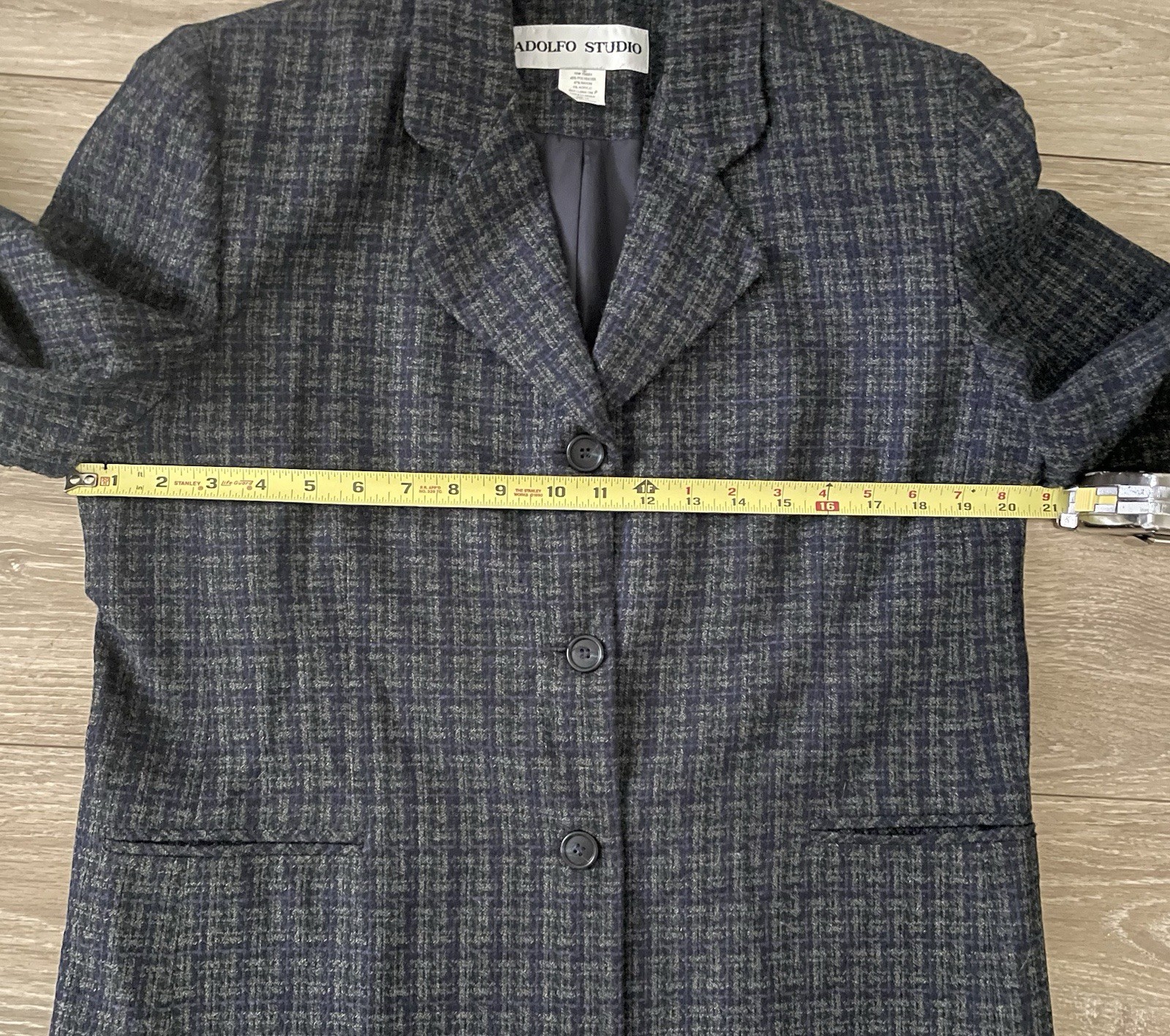 Vtg Adolfo Studio Women’s 2 Piece Tweed Skirt Suit Gray Blue Blazer Work Size 14
