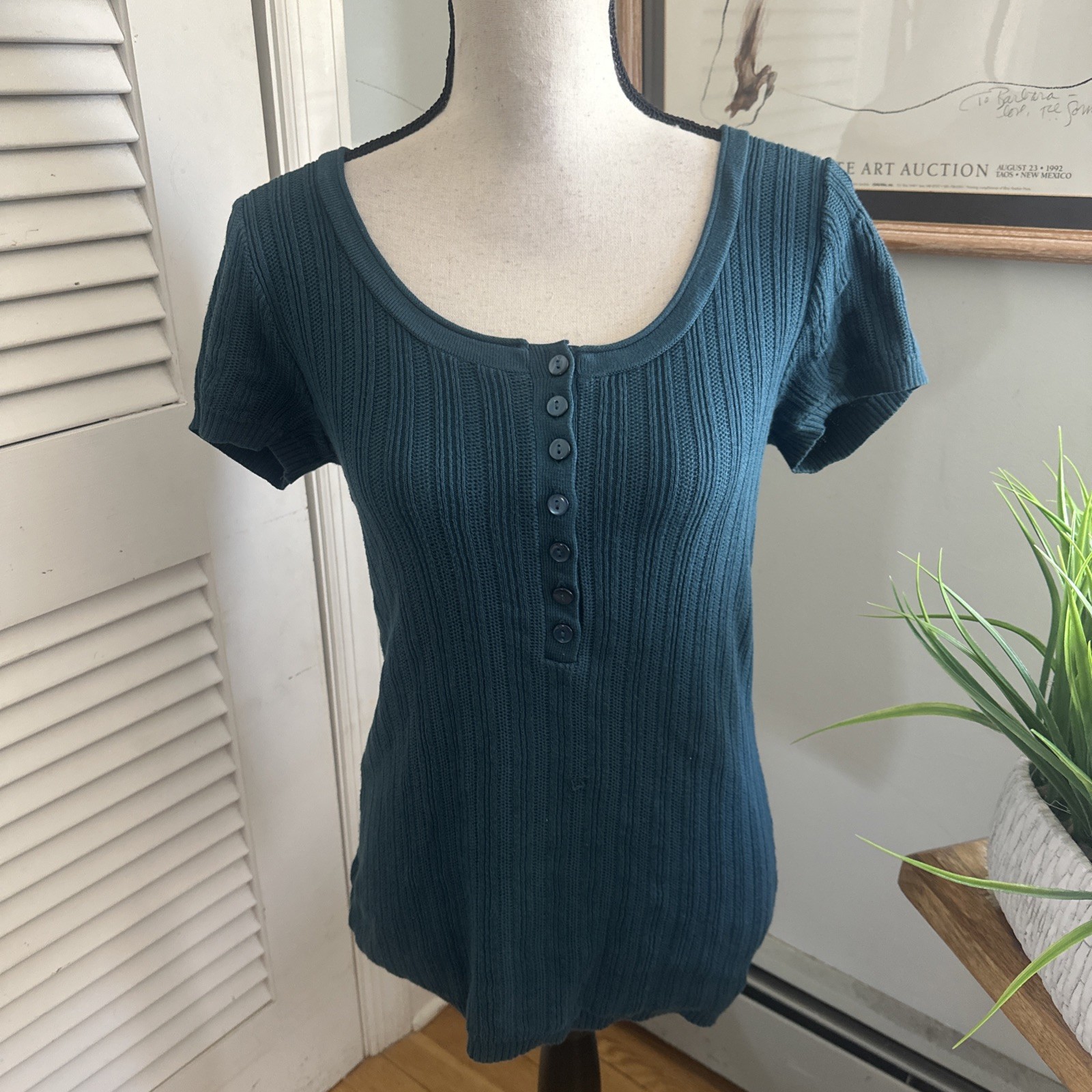 Vintage Axcess Sweater Womens Medium Teal Scoop Neck Henley Retro Y2K Grunge