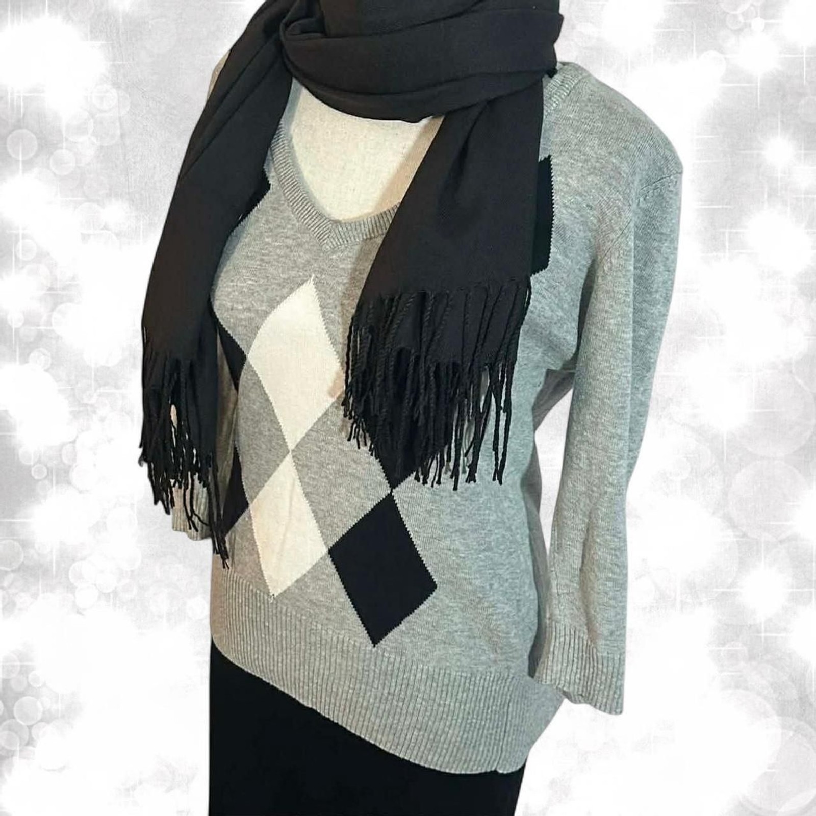 Y2K Classic grey argyle 3/4 sleeve sweater, minimalist top