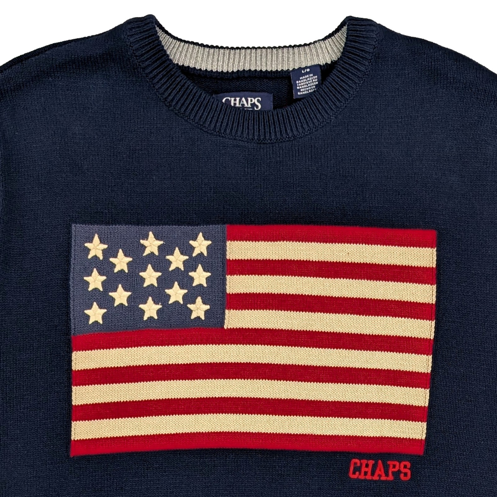 Chaps Mens Navy Blue American Flag Cotton Crewneck Sweater