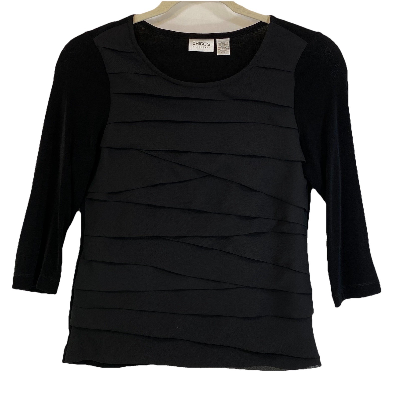 Chicos Travelers Size 1 Top Black Chiffon Layer Ruffle Front Scoop Neck Women M
