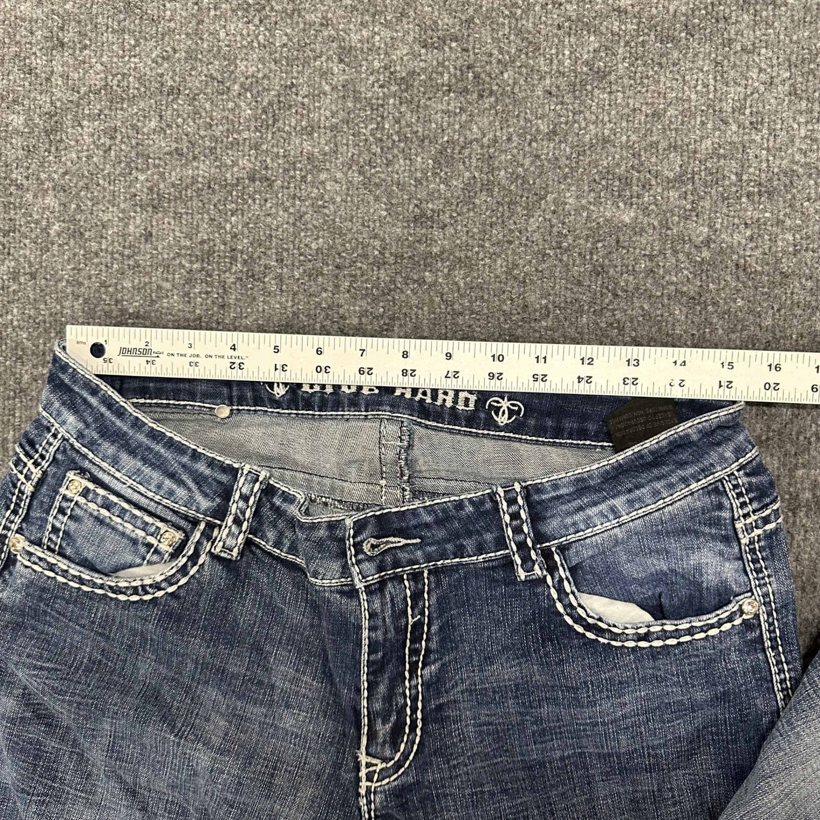 Live Hard Jeans Womens Size 32 Blue Bootcut Thick Stitch Embroidered Flap Pocket