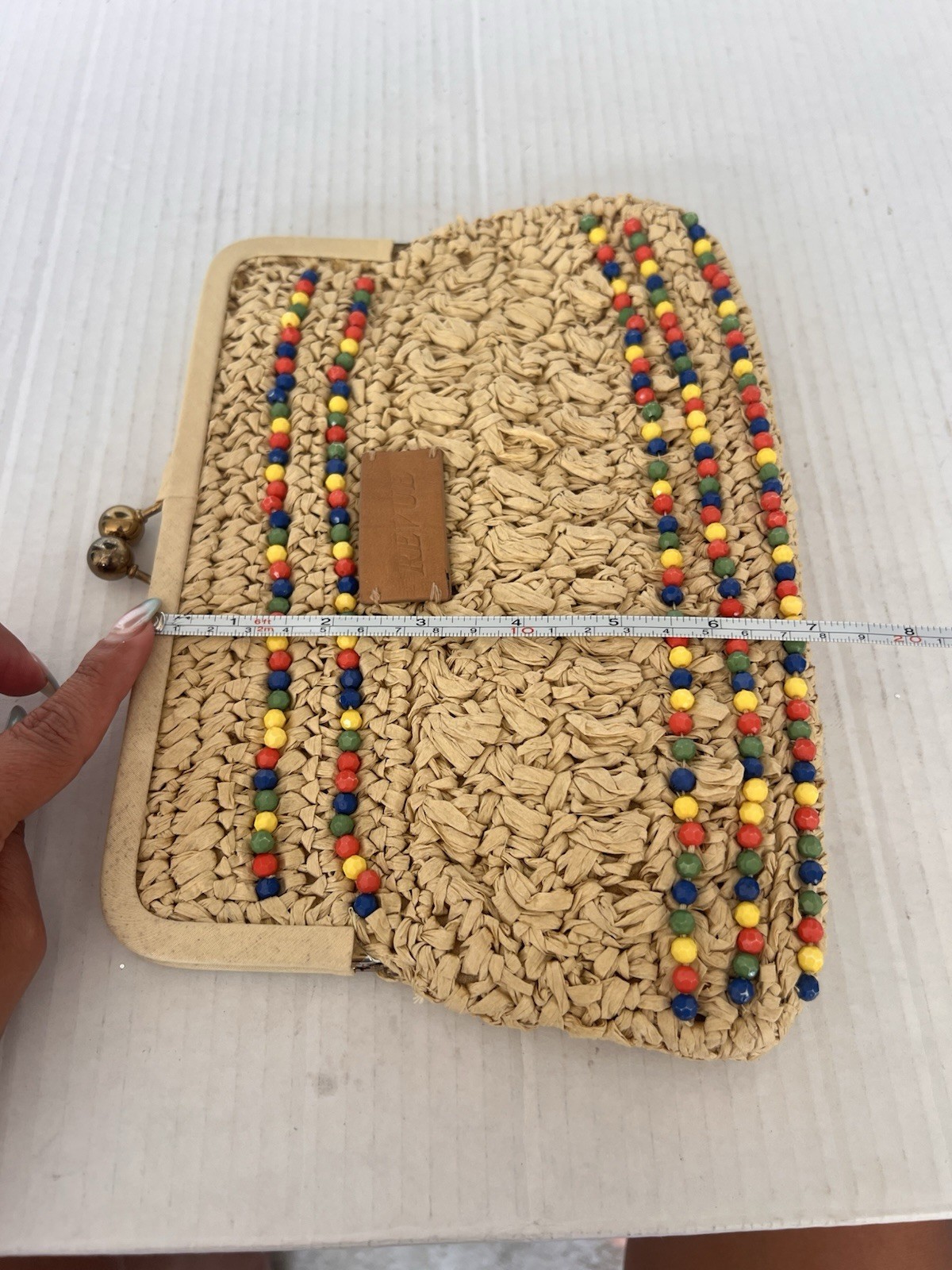 REVUE Beaded Kiss Lock Clutch Natural/Multicolor Gold Hardware Rectangle