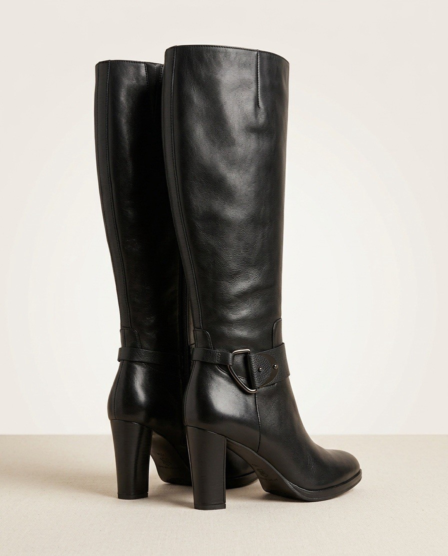 Antonio Melani Black Leather Knee High Zip Boots Buckle Accent Womens 7.5M