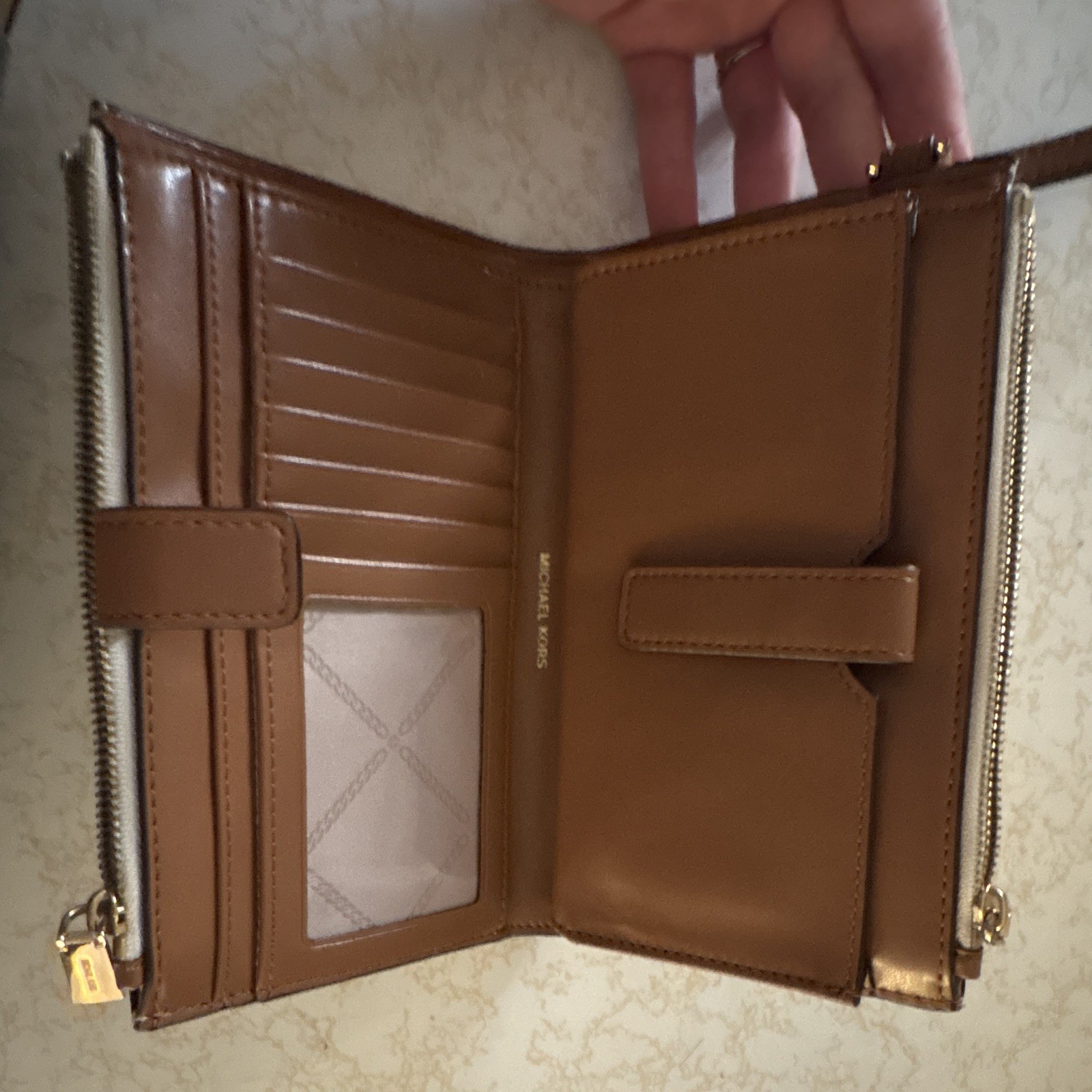 Michael Kors Logo Print Zip Wristlet Wallet, Credit Card, Beige/Brown