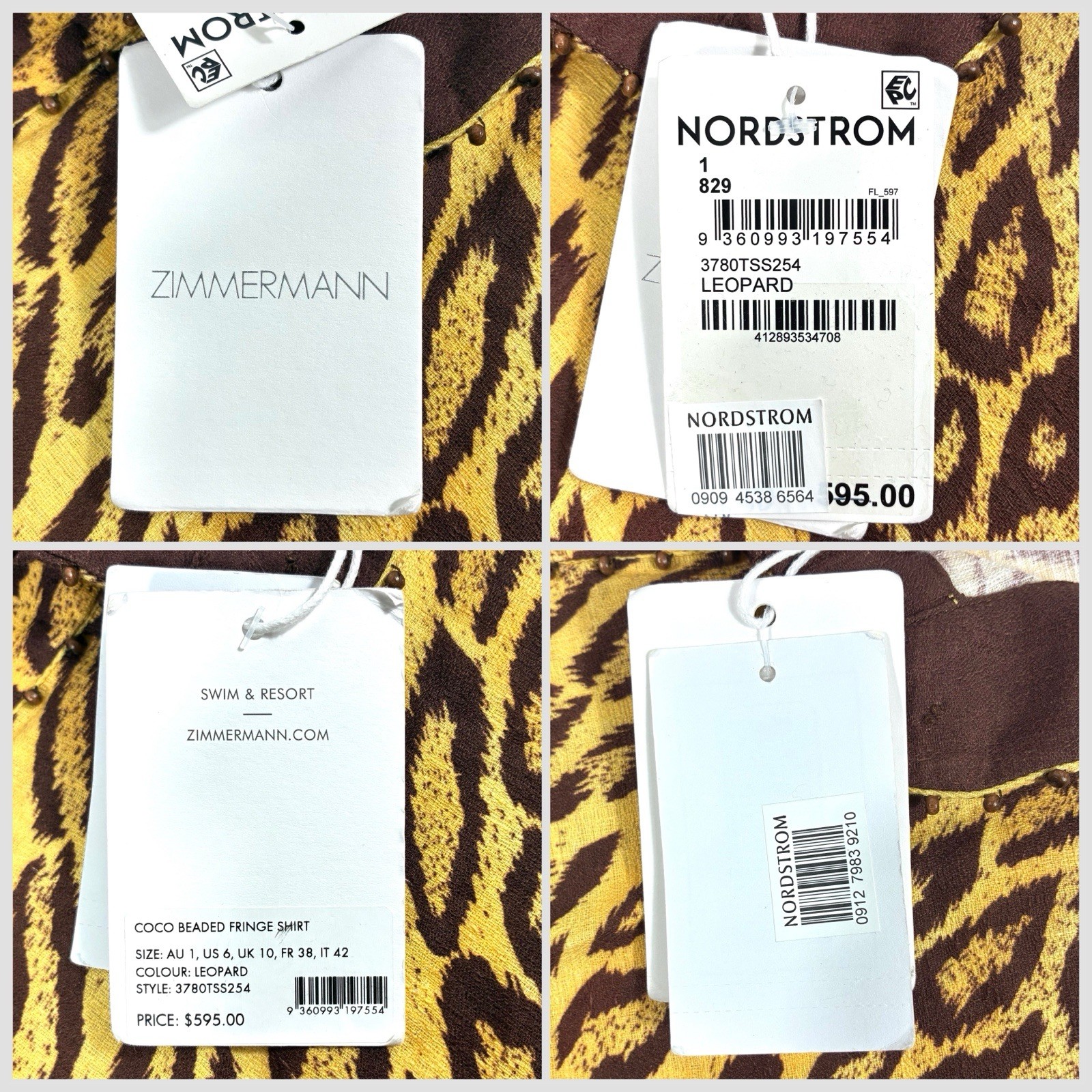Zimmermann Coco Bead Embellished Leopard Print Cotton Shirt US 6 AU 1 Loose NWT