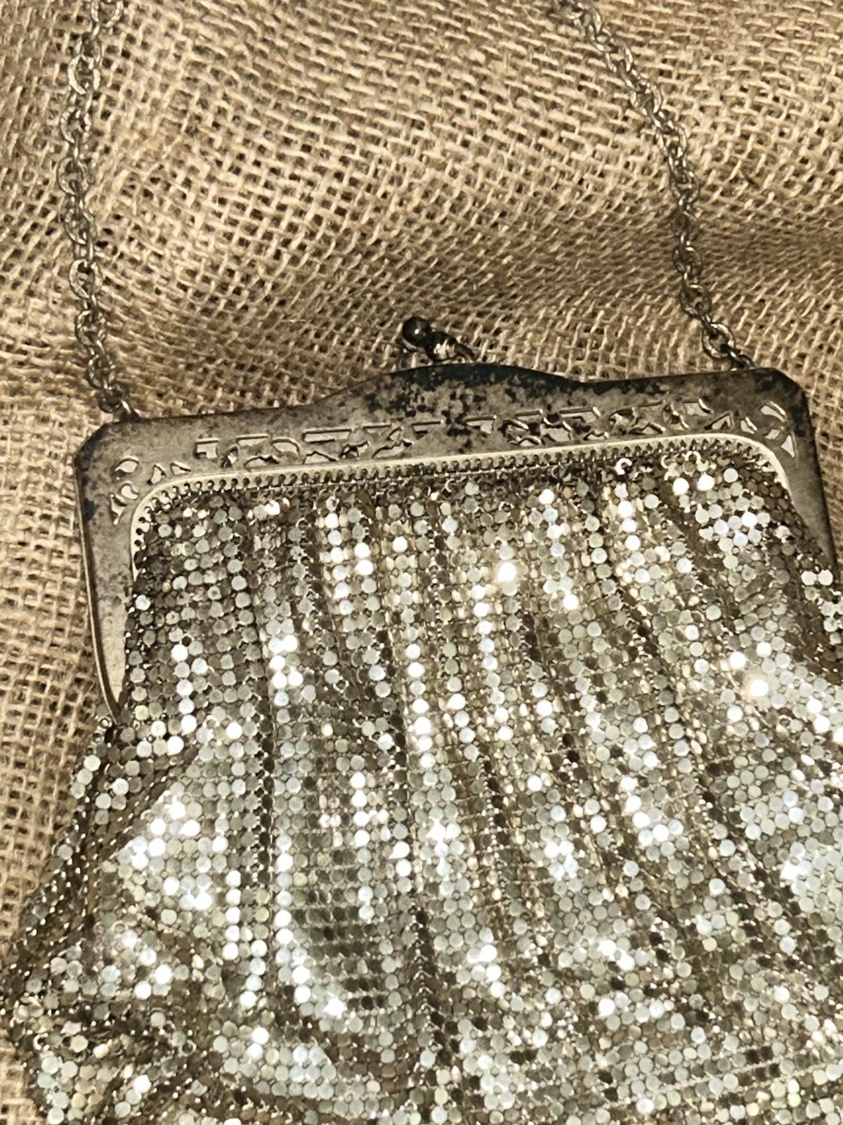 VTG Whiting & Davis SILVER MESH CHAIN BAG Kisslock Purse 6.5”W 10.25”T Lined USA