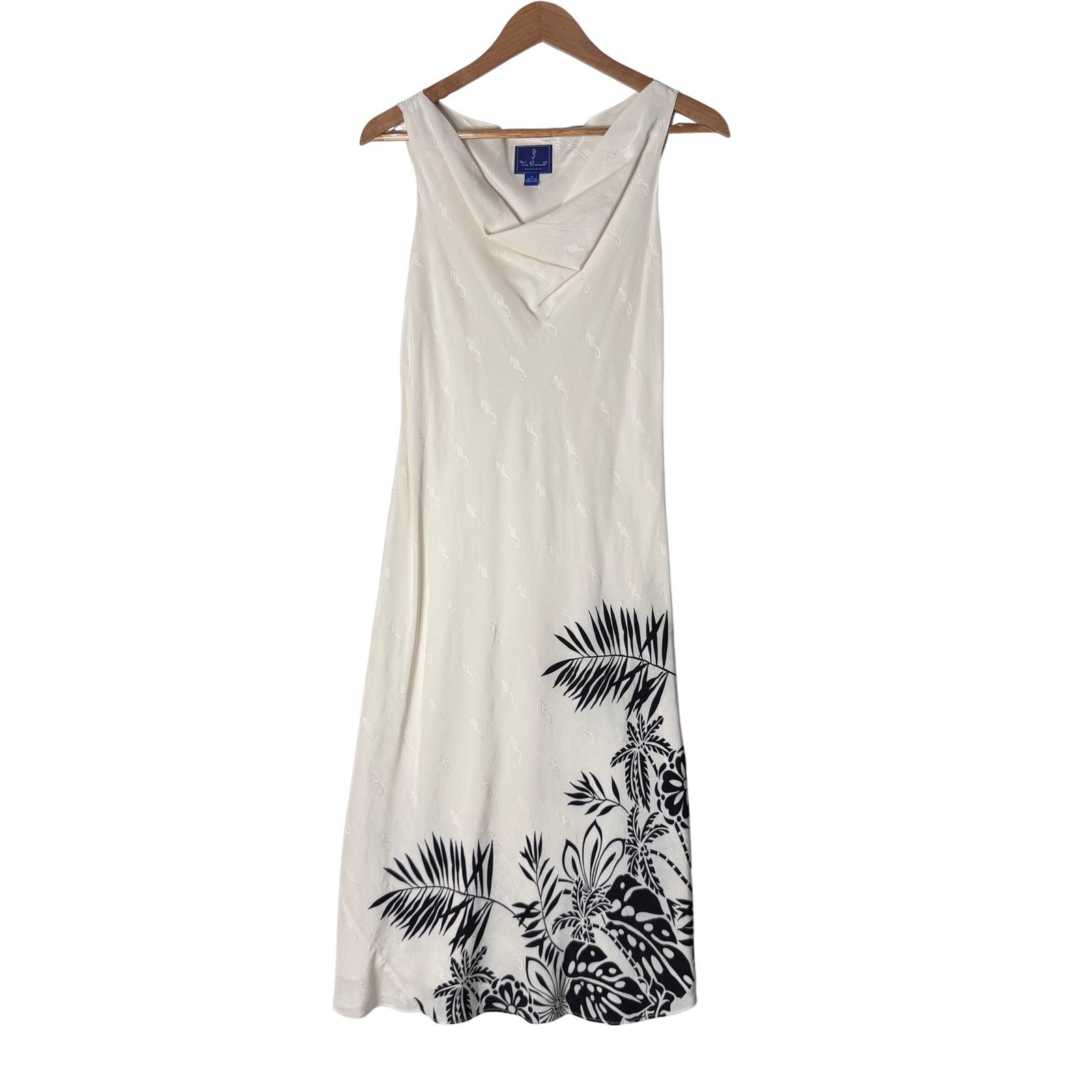 Tori Richard Hawaiian 100% Silk Midi Dress Sz 8 Cream Seahorse Palm Vacation Y2K