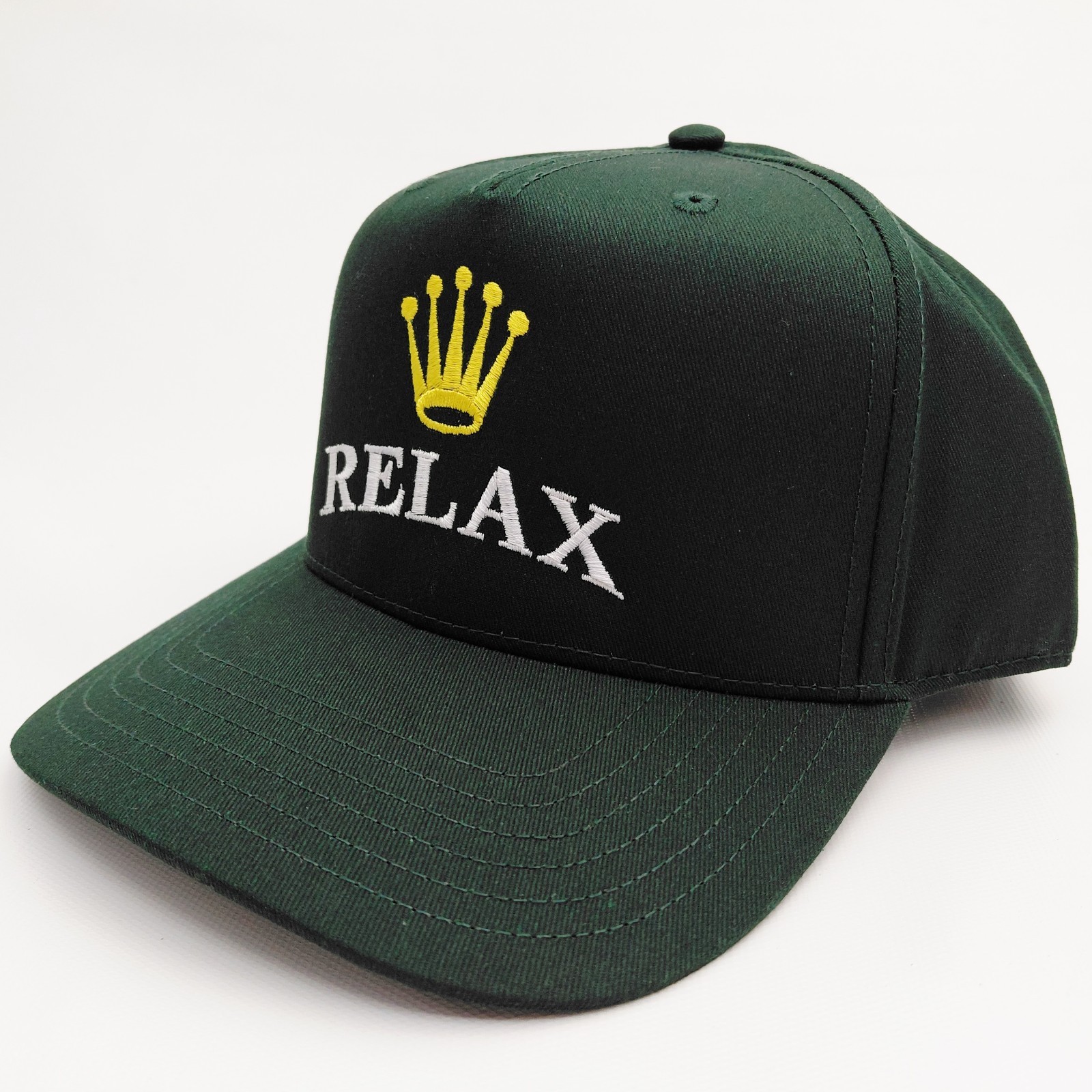 Relax Crown 5 Panel Snapback Hat Embroidered Dark Green High Profile Cap