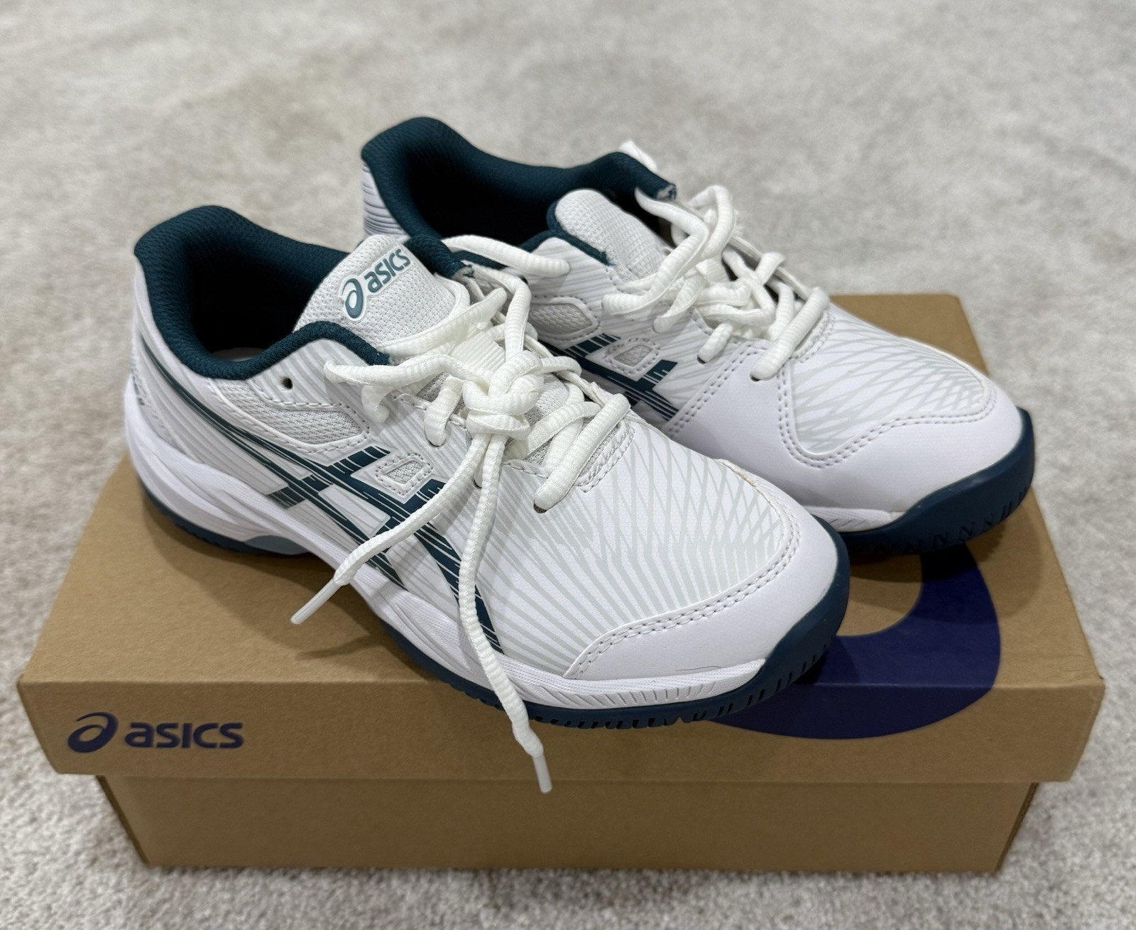 Asics Juniors Gel-Game 9 GS Tennis Shoes (White/Restful Teal) Size 1.5