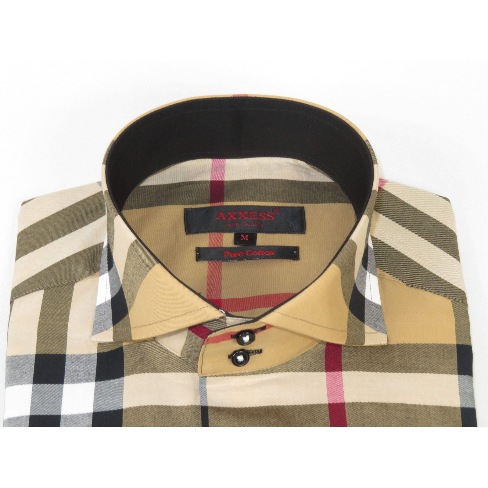 Men’s AXXESS Turkey English Plaid Shirt 100% Soft Cotton High Collar 120-09 Tan